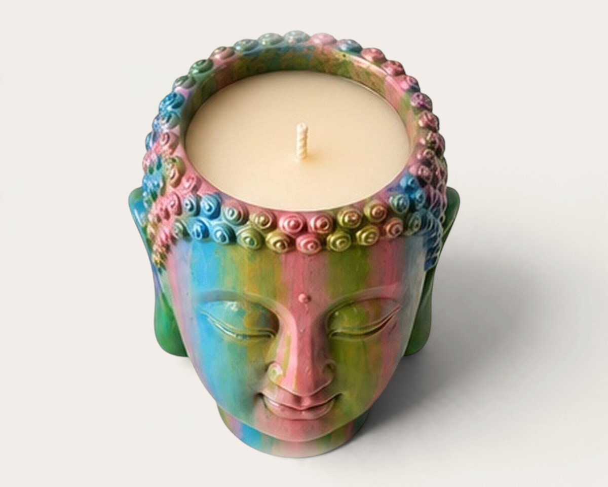 Vela artesanal Green Rainbow de THE IBIZA CANDLES con forma de cabeza de Buda pintada a mano en colores vibrantes.