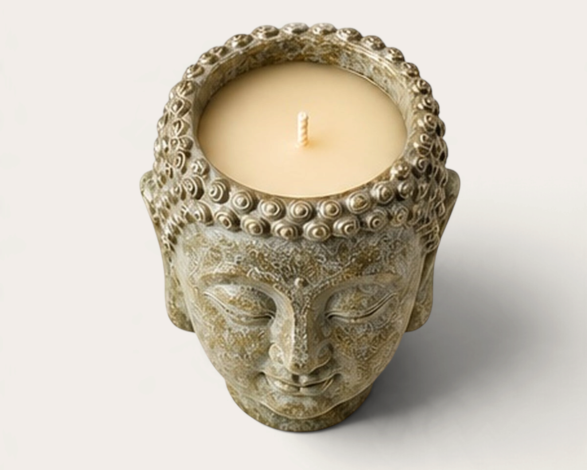 Vela artesanal Glitter Moon de THE IBIZA CANDLES con forma de cabeza de Buda en piedra texturizada y acabado envejecido